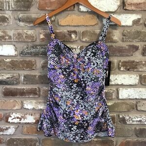 SHORE SHAPES Women's Black Purple Floral One Piece Skirted Swim Dress 12 NEW